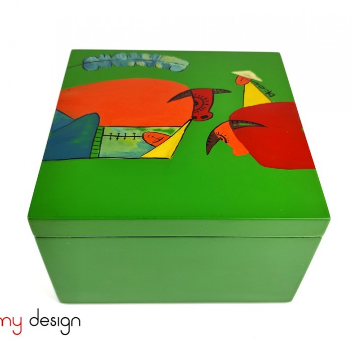 Green square lacquer box hand painted with buffalo